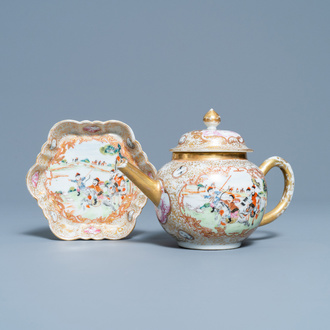 A Chinese gilded famille rose 'Mongolian hunt' teapot on stand, Qianlong